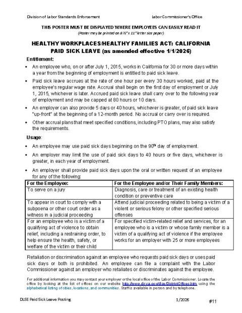 Healthy Workplace/Healthy Families Act - Paid Sick Leave